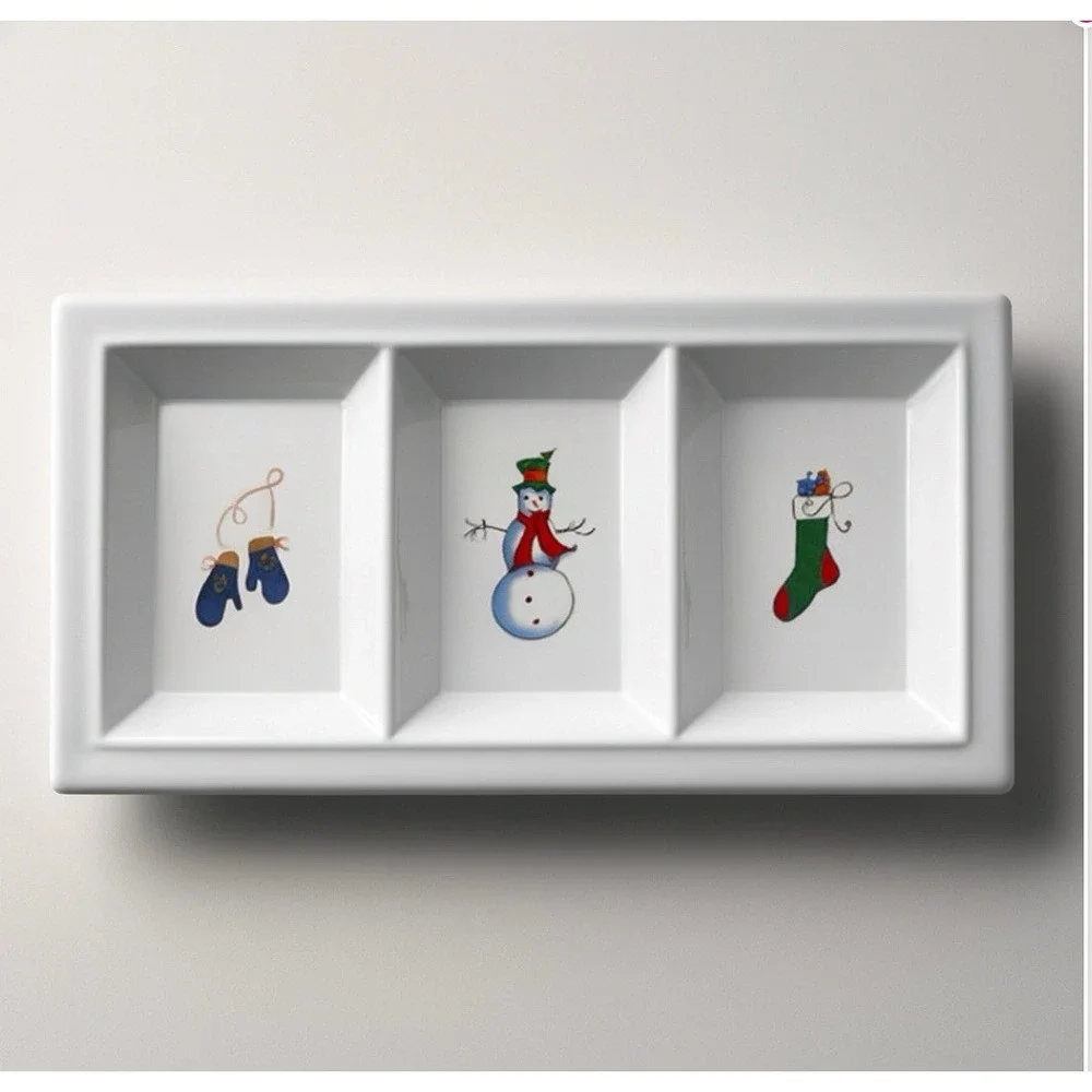 Holiday 3-Section Divided Serving Tray Platter‎ White Snowman Mittens Stocking